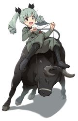 Rule 34 | 1girl, anchovy (girls und panzer), anzio military uniform, belt, black necktie, black ribbon, black shirt, blouse, boots, buchikaki, bull, commentary, commentary request, dress shirt, drill hair, girls und panzer, green hair, grey jacket, grey pants, hair ribbon, jacket, knee boots, long hair, long sleeves, looking at viewer, military, military uniform, necktie, on animal, open mouth, pants, pants tucked in, red eyes, ribbon, sam browne belt, shadow, shirt, simple background, solo, twin drills, twintails, uniform, white background, wing collar