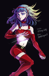 Rule 34 | 1girl, absurdres, bare shoulders, belt, black background, blue eyes, blue hair, bra (dragon ball), breasts, bridal gauntlets, collaboration, dragon ball, dragon ball gt, earrings, elbow gloves, energy, gloves, hairband, highres, jewelry, medium breasts, midriff, navel, red gloves, red hairband, red skirt, shumai (sm318), simple background, skirt, solo, thighhighs