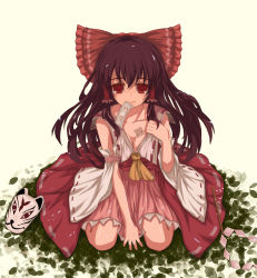 Rule 34 | 1girl, ascot, beige background, between legs, bow, breast tattoo, breasts, brown hair, cleavage, collar tug, collarbone, dead blue, dead line, detached sleeves, fox mask, full body, hair bow, hair tubes, hakurei reimu, hand between legs, highres, leaf, long hair, looking at viewer, mask, md5 mismatch, mouth hold, ofuda, qr code, red eyes, resolution mismatch, ribbon-trimmed sleeves, ribbon trim, simple background, sitting, smile, solo, source smaller, tattoo, touhou, wariza, yellow background