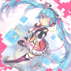 Rule 34 | 1girl, absurdres, aqua eyes, aqua hair, boots, detached sleeves, fingerless gloves, freely tomorrow (vocaloid), gloves, hand on own hip, hatsune miku, headset, highres, long hair, navel, necktie, north abyssor, one eye closed, open mouth, project diva (series), project diva f, skirt, solo, star (symbol), star voice (module), thigh boots, thighhighs, twintails, very long hair, vocaloid, wink, zoom layer