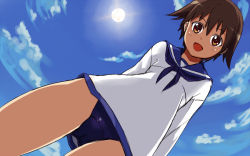 Rule 34 | 1girl, blush, brown eyes, brown hair, cloud, day, from below, miyafuji yoshika, one-piece swimsuit, open mouth, school swimsuit, school uniform, shibasaki shouji, short hair, sky, smile, solo, strike witches, sun, swimsuit, swimsuit under clothes, world witches series