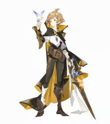 Rule 34 | 1boy, asymmetrical footwear, belt, belt buckle, bird, bird on hand, black cape, boots, brown footwear, brown hair, brown pants, buckle, cape, closed mouth, commentary request, eruu (780599), full body, hand up, highres, holding, holding sword, holding weapon, jewelry, knee boots, male focus, necklace, original, pants, shirt, short hair, smile, solo, standing, sword, two-sided cape, two-sided fabric, vambraces, weapon, white shirt, yellow cape, yellow eyes
