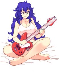 Rule 34 | 1girl, bare arms, bare legs, bare shoulders, barefoot, bed sheet, blue hair, blue nails, breasts, brown eyes, collarbone, commentary, covered erect nipples, full body, guitar, instrument, large breasts, long hair, looking away, messy hair, music, nail polish, okako (galko), oshiete! galko-chan, playing instrument, rtil, sitting, smile, solo, tank top, toenail polish, toenails, very long hair, white tank top