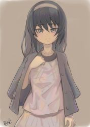Rule 34 | 1girl, artist name, black hair, blush, brown background, brown eyes, casual, closed mouth, commentary, frown, girls und panzer, hairband, highres, jacket, jacket on shoulders, kuroneko douji, long hair, looking at viewer, reizei mako, sepia, shirt, signature, skirt, solo, standing, traditional media, white hairband, white shirt, white skirt