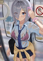 Rule 34 | 1girl, absurdres, bag, blue eyes, blue shirt, blush, bra, breasts, closed mouth, clothes around waist, collarbone, green nails, hair ornament, hair over one eye, hairclip, hamakaze (kancolle), highres, holding, holding bag, jacket, jacket around waist, jewelry, kantai collection, large breasts, looking at viewer, nail polish, necklace, pink bra, plaid, plaid skirt, see-through, shirt, short hair, silver hair, skirt, solo, sweat, taki rentaro, train interior, underwear, wet, wet clothes, wiping sweat