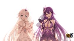 Rule 34 | 2girls, bare shoulders, benghuai xueyuan, blue eyes, bracelet, breasts, cleavage, closed eyes, copyright name, dress, gloves, hair ornament, honkai (series), jewelry, kiana kaslana, large breasts, long hair, medium breasts, multiple girls, official art, open mouth, purple dress, purple hair, raiden mei, smile, third-party source, white background, white dress, white hair