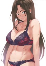 Rule 34 | 1girl, abs, absurdres, bare shoulders, blush, bra, breasts, brown eyes, brown hair, cleavage, closed mouth, collarbone, fang, fukushi ryouhei, highres, idolmaster, idolmaster cinderella girls, lace, lace bra, large breasts, long hair, looking at viewer, midriff, mukai takumi, navel, parted bangs, simple background, solo, stomach, underwear, white background