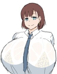 1girl ai-chan_(tawawa) blue_eyes breasts brown_hair female_focus gigantic_breasts happy huge_breasts looking_at_viewer momijizx see-through_clothes see-through_shirt shirt smile solo wet wet_clothes