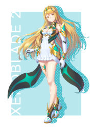 Rule 34 | 1girl, armor, bare shoulders, blonde hair, breasts, cleavage, cleavage cutout, clothing cutout, dress, gloves, headpiece, large breasts, long hair, looking at viewer, mythra (xenoblade), nintendo, solo, swept bangs, tiara, xenoblade chronicles (series), xenoblade chronicles 2, yaxiya, yellow eyes