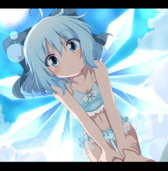 Rule 34 | 1girl, ahoge, bikini, blue bikini, blue bow, blue eyes, blue hair, blue sky, blush, bow, cirno, cloud, collarbone, commentary request, day, do (4-rt), eyes visible through hair, from below, hair between eyes, hair bow, hands on own knees, highres, ice, ice wings, leaning forward, lens flare, letterboxed, looking at viewer, outdoors, short hair, sky, solo, sun, swimsuit, touhou, wings