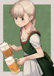 Rule 34 | 1girl, alcohol, apron, banned artist, barmaid, beer, beer mug, blonde hair, blouse, blue eyes, blunt bangs, commentary, cowboy shot, cup, dirndl, dress, flat chest, frilled dress, frills, german clothes, green background, green dress, hair over shoulder, holding, holding cup, kantai collection, long hair, makio (makiomeigenbot), mug, official alternate costume, pinafore dress, puffy short sleeves, puffy sleeves, shin&#039;you (kancolle), shirt, short sleeves, sleeveless dress, solo, symbol-only commentary, waist apron, waitress, white apron, white shirt