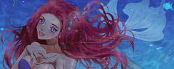 Rule 34 | 1girl, :d, ariel (disney), blue eyes, bra, breasts, bubble, cleavage, disney, eyeshadow, fins, fish, hands on own breasts, hands on own chest, happy, highres, large breasts, long hair, makeup, mermaid, monster girl, okitafuji, open mouth, pink eyeshadow, princess, red hair, seashell, shell, shell bikini, signature, smile, solo, sparkle, tail, the little mermaid, underwater, underwear, water