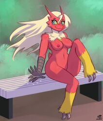 Rule 34 | 1girl, afterimage, animal feet, arm at side, barefoot, beak, beckoning, bench, bird girl, bird tail, blaziken, blonde hair, blue eyes, body fur, breasts, bush, closed mouth, colored sclera, completely nude, creatures (company), day, female focus, full body, furry, furry female, game freak, gen 3 pokemon, green background, happy, leg up, legs, long hair, looking to the side, medium breasts, motion lines, navel, neck fur, nintendo, nipples, nude, on bench, outdoors, pokemon, pokemon (creature), red fur, sitting, smile, solo, soupbag, stomach, tail, thighs, two-tone fur, wind, yellow fur, yellow sclera
