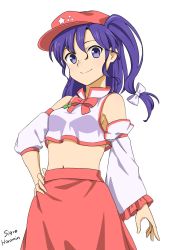 Rule 34 | 1girl, bare shoulders, bow, breasts, cabbie hat, detached sleeves, extra, flat cap, hand on own hip, haramin3, hat, highres, label girl (dipp), mandarin collar, medium hair, midriff, navel, purple eyes, purple hair, red bow, red hat, red neckwear, red skirt, side ponytail, simple background, skirt, small breasts, standing, star (symbol), touhou, vest, white background, white sleeves, white vest, wide sleeves