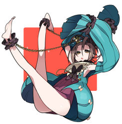 1girl absurdres armpits arms_up barefoot bow brown_hair chain crown cuffs fang frills glint highres kometsubu legs_up long_sleeves medium_hair open_mouth original pointy_ears shackles skin_fang sleeves_past_fingers sleeves_past_wrists solo sparkle two-tone_background yellow_eyes