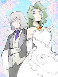 Rule 34 | 2boys, ace attorney, alternate costume, arms behind back, bare shoulders, closed mouth, collared shirt, crossdressing, dress, dumas gloomsbury, elbow gloves, flower, formal, gloves, green hair, grey jacket, grey pants, holding, holding towel, jacket, jewelry, light purple hair, long hair, looking at another, looking at viewer, minashirazu, monocle, multiple boys, necktie, pants, phoenix wright: ace attorney - spirit of justice, pierce nichody, shirt, short hair, smile, suit, towel, wedding dress, white dress, white gloves, white shirt