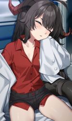 Rule 34 | 1girl, absurdres, ahoge, ass, black hair, black shorts, blue archive, blurry, blurry background, blush, breasts, cleavage, closed eyes, collared shirt, hair intakes, highres, horns, kasumi (blue archive), lab coat, long hair, micro shorts, parted lips, red shirt, shirt, shirt tucked in, shorts, sitting, sleeping, sleeves past fingers, sleeves past wrists, small breasts, solo, tail, train interior, wakamepiza