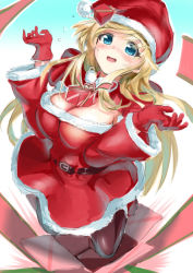 Rule 34 | 1girl, aldehyde, belt, blonde hair, blue eyes, blush, box, breasts, christmas, cleavage, gift, gift box, gloves, hat, large breasts, long hair, long sleeves, open mouth, original, pantyhose, red gloves, santa costume, santa hat, solo, very long hair, wide sleeves