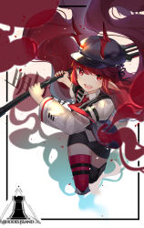 Rule 34 | 1girl, absurdres, arknights, black hat, black skirt, black thighhighs, collared shirt, dress shirt, hat, highres, holding, holding polearm, holding spear, holding weapon, horns, horns through headwear, jacket, kotatsu kaya, long hair, long sleeves, looking at viewer, miniskirt, nail polish, necktie, open mouth, pointy ears, polearm, red eyes, red hair, red necktie, red thighhighs, shirt, skirt, smile, solo, spear, thighhighs, vigna (arknights), weapon, white shirt
