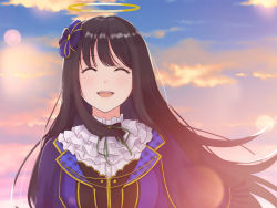 Rule 34 | 1girl, :d, ^ ^, black hair, blue bow, blush, bow, breasts, close-up, closed eyes, cloud, cloudy sky, collar, evening, frilled collar, frills, green ribbon, hair bow, hair ornament, halo, large breasts, lemonrou, long hair, looking at viewer, moon, open mouth, outdoors, ribbon, ryouki (senran kagura), senran kagura, sky, smile, solo, sunlight, sunset, uniform