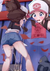 Rule 34 | 1girl, ?, absurdres, antenna hair, artist name, ass, bare shoulders, baseball cap, between legs, bird, black vest, blue eyes, blue shorts, blurry, blurry foreground, blush, brown hair, chansey, creatures (company), dated, day, denim, denim shorts, embarrassed, female focus, from behind, game freak, gen 1 pokemon, gen 5 pokemon, hair through headwear, hand between legs, hat, have to pee, highres, hilda (pokemon), japanese text, kneepits, leaf, long hair, looking down, multiple views, nintendo, omulettes, open mouth, outdoors, paper, pee, peeing, peeing self, pidove, pink headwear, pocket, poke ball symbol, poke ball theme, pokemon, pokemon (creature), pokemon bw, pokemon center, ponytail, shirt, short shorts, shorts, sidelocks, sign, signature, sleeveless, sleeveless shirt, standing, tears, teeth, translation request, vest, wet, wet clothes, white shirt, wind