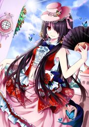 Rule 34 | 1girl, absurdres, alternate costume, bare shoulders, black hair, bug, butterfly, card, clock, date a live, flower, folding fan, gyaza, hair flower, hair ornament, hair over one eye, hairband, hand fan, highres, insect, lolita fashion, lolita hairband, long hair, outdoors, photoshop (medium), playing card, red eyes, rose, smile, solo, sun, tokisaki kurumi, twintails