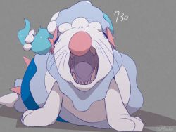 Rule 34 | animal focus, artist name, blue eyes, blue hair, boke-chan, creatures (company), full body, game freak, gen 7 pokemon, grey background, long hair, looking at viewer, lying, nintendo, no humans, on stomach, open mouth, pearl hair ornament, pokedex number, pokemon, pokemon (creature), primarina, realistic, sharp teeth, signature, simple background, solo, starfish hair ornament, teeth, tongue, twitter username, whiskers