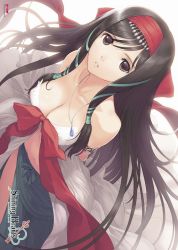 Rule 34 | 10s, 1girl, black hair, breasts, brown eyes, cleavage, from above, hair ribbon, jewelry, kaguya (shining hearts), long hair, lots of jewelry, necklace, ribbon, sega, shining (series), shining hearts, shining world, solo, tony taka
