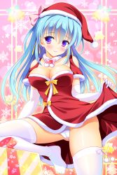 Rule 34 | 1girl, bare shoulders, blue hair, blush, breasts, cameltoe, christmas, cleavage, clothes lift, dress, elbow gloves, female focus, gift, gloves, hat, highres, leg lift, long hair, looking at viewer, original, panties, pantyshot, purple eyes, santa costume, santa hat, skirt, skirt lift, smile, solo, standing, thighhighs, underwear, white gloves, white panties, white thighhighs, yagami-all hail nanao