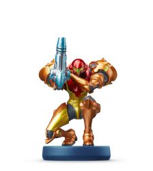 Rule 34 | 1girl, amiibo, arm cannon, figure, highres, metroid, nintendo, official art, on one knee, photo (medium), power suit, samus aran, simple background, solo, varia suit, weapon, white background