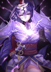 Rule 34 | 1girl, absurdres, arms up, bad id, bad pixiv id, braid, breasts, bridal gauntlets, closed mouth, commentary request, electricity, genshin impact, highres, holding, holding sword, holding weapon, human scabbard, japanese clothes, katana, kimono, kirima (pixiv70421799), light particles, long hair, long sleeves, looking at viewer, mole, mole under eye, obi, obiage, obijime, purple eyes, purple hair, raiden shogun, ribbon, sash, simple background, solo, sword, tassel, weapon, wide sleeves