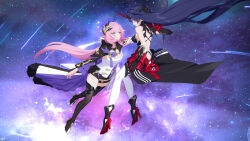 Rule 34 | 2girls, absurdres, armor, backless dress, backless outfit, bare shoulders, black bow, black dress, black footwear, black gloves, black shorts, black shrug, black skirt, blue eyes, boots, bow, breasts, chinese commentary, cleavage, commentary request, dress, elysia (honkai impact), elysia (miss pink elf) (honkai impact), gloves, hair bow, hair intakes, hair ornament, high heel boots, high heels, highres, honkai (series), honkai impact 3rd, horns, large breasts, long hair, long horns, looking at another, low-tied long hair, multiple girls, pauldrons, pink pupils, pointy ears, purple eyes, purple hair, raiden mei, raiden mei (herrscher of thunder), red horns, red pupils, shirt, short shorts, shorts, shoulder armor, sidelocks, single pauldron, skirt, smile, space, thigh boots, thigh strap, thighhighs, very long hair, white shirt, white thighhighs, wu ganlan cai
