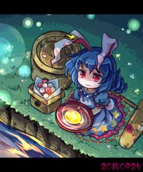 Rule 34 | 1girl, animal ears, blood, bloody weapon, blue dress, blue hair, rabbit ears, rabbit tail, crying, crying with eyes open, dango, dress, earclip, fireflies, food, full moon, kine, mallet, moon, pote (ptkan), puffy short sleeves, puffy sleeves, red eyes, reflection, river, sakazuki, seiran (touhou), short sleeves, sitting, solo, tail, tears, touhou, tsukimi, wagashi, wavy mouth, weapon