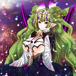 Rule 34 | 10s, 1girl, :3, bad id, bad pixiv id, blurry, breasts, cup, dated, depth of field, dress, earrings, fang, flower, frills, gloves, green hair, hair ornament, haruneko roma, highres, holding, holding cup, jewelry, large breasts, last period, long hair, meldia (last period), pointy ears, purple eyes, revealing clothes, rose, smile, solo, teacup, twintails, twitter username, very long hair, victorian, wide sleeves