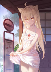 Rule 34 | 1girl, ahoge, animal ear fluff, animal ears, bare arms, bare shoulders, blonde hair, breasts, bus stop, closed mouth, collarbone, commentary request, covered erect nipples, dress, female focus, hair between eyes, hair intakes, highres, indie virtual youtuber, lion ears, lion girl, lion tail, long hair, looking down, no bra, no panties, onigiri-kun (demmy), outdoors, rain, rurudo lion, rurudo lion (1st costume), see-through, see-through dress, small breasts, solo, sundress, tail, very long hair, virtual youtuber, wet, wet clothes, wet dress, wringing clothes, wringing dress, yellow eyes