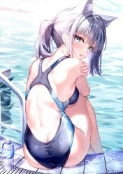 Rule 34 | 1girl, absurdres, animal ear fluff, animal ears, ass, bare shoulders, blue archive, blue eyes, blush, bottle, breasts, competition swimsuit, day, earrings, extra ears, fingernails, floating, floating object, fujima takuya, grey hair, hair ornament, halo, highleg, highleg swimsuit, highres, jewelry, long hair, looking at viewer, looking back, medium breasts, official alternate costume, one-piece swimsuit, open mouth, outdoors, plastic bottle, pool, pool ladder, poolside, scan, shiroko (blue archive), shiroko (swimsuit) (blue archive), solo, swimsuit, thighs, water, water bottle, water drop, wet, wolf ears, x hair ornament