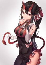 Rule 34 | 1girl, absurdres, bare shoulders, black dress, black hair, bow, collarbone, demon, demon horns, demon tail, dress, earrings, gloves, hair between eyes, hair bow, hair ornament, highres, horns, jewelry, kuse (0201), long hair, looking at viewer, original, pointy ears, ponytail, red bow, red eyes, red horns, red tail, simple background, sleeveless, sleeveless dress, solo, striped clothes, striped dress, tail, two-tone bow, white background, white bow, white gloves
