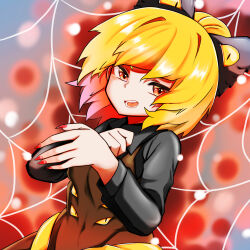 Rule 34 | 1girl, black bow, black shirt, blonde hair, blurry, blurry background, blush, bow, breasts, brown dress, brown eyes, collared shirt, commentary request, dress, dutch angle, extra eyes, fingernails, hair bow, hair bun, highres, kurodani yamame, long sleeves, looking at viewer, medium hair, open mouth, pinafore dress, red nails, rinyamame, sharp fingernails, shirt, silk, sleeveless dress, small breasts, smile, solo, spider web, teeth, touhou, upper body