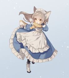 Rule 34 | 1girl, animal ears, apron, bag, blue background, blue dress, blush, boots, breath, dress, frilled apron, frilled dress, frills, full body, gloves, goshi-san, grey hair, highres, holding, holding bag, long hair, maid, maid headdress, open mouth, original, scarf, snowing, solo, white apron, yellow eyes