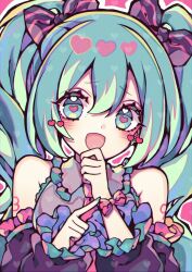 Rule 34 | 1girl, 39, bare shoulders, black bow, blue eyes, blue hair, blue nails, blush, bow, breasts, collared shirt, commentary, detached sleeves, eyelashes, fingernails, frills, green hair, grey shirt, hair between eyes, hair bow, hands up, hatsune miku, heart, heart-shaped pupils, heart in eye, highres, index finger raised, kyouda suzuka, long fingernails, long hair, long sleeves, looking away, medium breasts, miku day, multicolored hair, nail polish, necktie, number tattoo, open mouth, pink background, pink bow, pink necktie, puffy detached sleeves, puffy long sleeves, puffy sleeves, purple hair, shirt, sidelocks, simple background, smile, solo, striped, striped bow, symbol-shaped pupils, symbol in eye, tattoo, twintails, upper body, vocaloid