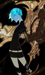 Rule 34 | 1other, akimikan (2.5deciliter), androgynous, black background, blue eyes, blue hair, character name, copyright name, crystal hair, gem uniform (houseki no kuni), gold, golden arms, highres, houseki no kuni, looking at viewer, phosphophyllite, short hair, solo, sparkle, spoilers