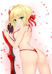 Rule 34 | 10s, 1girl, absurdres, aestus estus, arched back, back, blonde hair, blush, braid, breasts, covered erect nipples, fate/extra, fate/extra ccc, fate (series), green eyes, hair intakes, highres, kurenai (anohitop), long hair, looking at viewer, looking back, medium breasts, nero claudius (fate), nero claudius (fate) (all), nero claudius (fate/extra), official alternate costume, petals, slingshot swimsuit, strap gap, swimsuit
