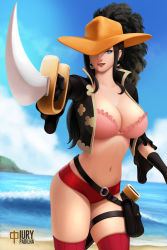 Rule 34 | 1girl, beach, black hair, blue eyes, breasts, cleavage, gloves, hat, holster, iury padilha, large breasts, long hair, looking at viewer, midriff, navel, nico robin, ocean, one eye covered, one piece, scabbard, sheath, smile, solo, standing, sword, tagme, thigh holster, weapon