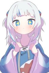 Rule 34 | + +, 1girl, :&lt;, blue eyes, blue hair, blue hoodie, blunt bangs, blush, clenched hand, closed mouth, commentary request, gawr gura, gawr gura (1st costume), hair ornament, hololive, hololive english, hood, hood down, hoodie, inaririn, long sleeves, looking at viewer, medium hair, multicolored hair, shark hair ornament, shark print, simple background, solo, streaked hair, two side up, upper body, virtual youtuber, white background, white hair, wide sleeves