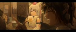 Rule 34 | 2girls, absurdres, alcohol, animal ears, artist name, beer, beer mug, black hair, blurry, closed eyes, closed mouth, cup, dated, depth of field, detached sleeves, food stand, hand up, hat, highres, holding, holding cup, index finger raised, inubashiri momiji, letterboxed, looking at another, looking to the side, mug, multiple girls, open mouth, pom pom (clothes), red eyes, red headwear, ribbon-trimmed sleeves, ribbon trim, shameimaru aya, shirt, short hair, sleeveless, sleeveless shirt, tokin hat, touhou, touhou mystia&#039;s izakaya, turtleneck, white hair, white shirt, wolf ears, woshijuezhu, yatai