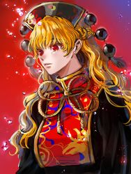 Rule 34 | 1girl, black dress, blonde hair, bubble, chinese clothes, commentary request, crescent, crying, crying with eyes open, dress, eyelashes, highres, junko (touhou), korean commentary, kuya (hey36253625), long hair, long sleeves, orange hair, phoenix crown, red background, red eyes, red tabard, ribbon, tabard, tassel, tears, touhou, upper body, yellow ribbon