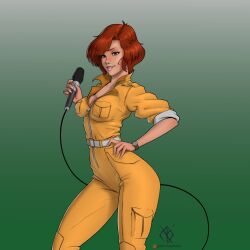 Rule 34 | 1girl, april o&#039;neil, arteslav, artist name, belt, breast pocket, breasts, brown eyes, brown hair, cleavage, commentary, fingernails, gradient background, green background, hand on own hip, hand up, highres, holding, jumpsuit, lips, medium breasts, microphone, parted lips, pocket, short hair, signature, sleeves rolled up, smile, solo, teenage mutant ninja turtles, watch, white belt, wire, wristwatch, yellow jumpsuit, zipper, zipper pull tab
