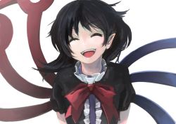Rule 34 | 1girl, :d, asymmetrical wings, black dress, black hair, bow, dress, houjuu nue, ichiba youichi, open mouth, pointy ears, puffy short sleeves, puffy sleeves, short sleeves, simple background, smile, solo, touhou, upper body, wings