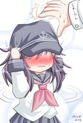 Rule 34 | 1girl, 2016, ^^^, admiral (kancolle), akatsuki (kancolle), anchor symbol, arrow (symbol), black hat, black skirt, blush, closed mouth, commentary request, covering head, flat cap, hat, kantai collection, long sleeves, neckerchief, nose blush, pleated skirt, purple hair, red neckerchief, school uniform, serafuku, shirt, signature, sketch, skirt, solo focus, sweat, translation request, uraguchi hiiro, wavy mouth, white shirt