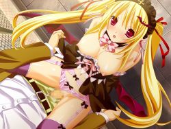 Rule 34 | artist request, blonde hair, blush, breasts, censored, character request, clothing aside, eye contact, hair ribbon, large breasts, looking at another, maid, nipples, open mouth, panties, panties aside, penis, pussy, red eyes, ribbon, sex, source request, straddling, thighhighs, twintails, underwear, vaginal, wings